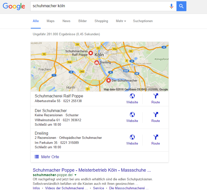 SERP: Google Suchergebnis mit lokalen Places (my Business) Ergebnissen. 