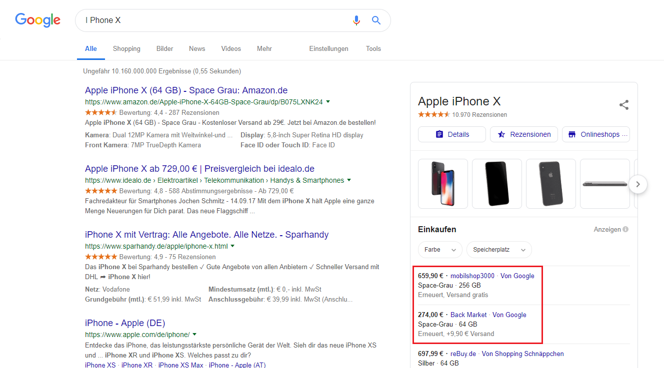 Product Listing Ads: Google Suche nach IPhone X
