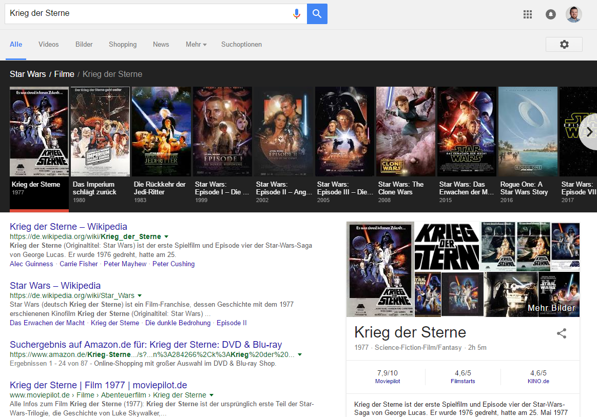 Screenshot: Knowledge Graph Karussell zur Filmreihe Star Wars. 