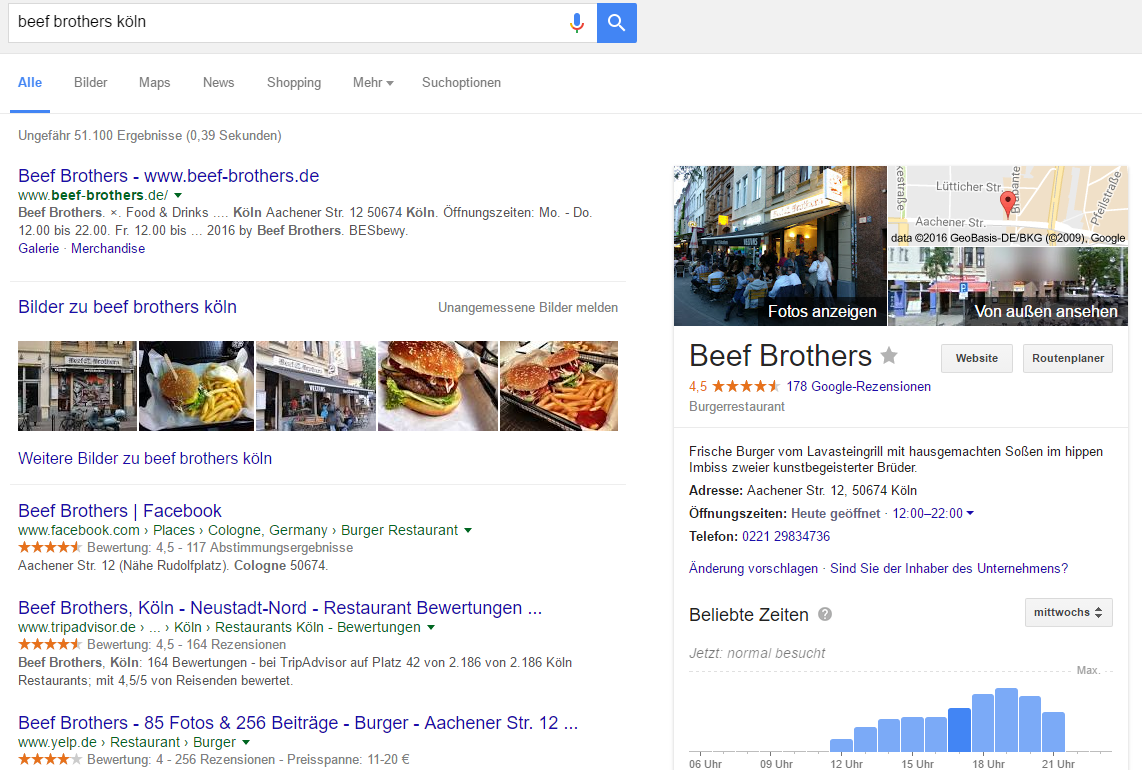 Screenshot: Knowledge Graph Lokale Unternehmen Ergebnis zu "Beef Brothers Köln".