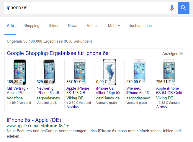Google Shopping Anzeigen direkt über den organischen Suchtreffern.
