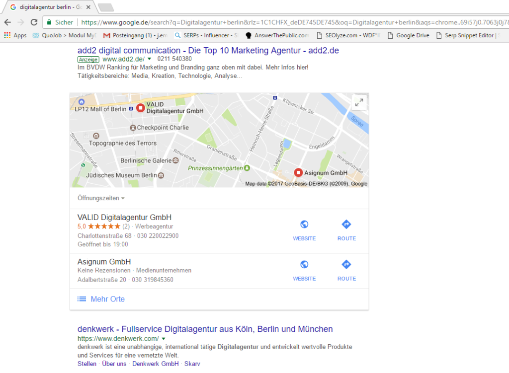 Ansicht von Google My Business Einträgen in Suchmaschinenergebnisseite