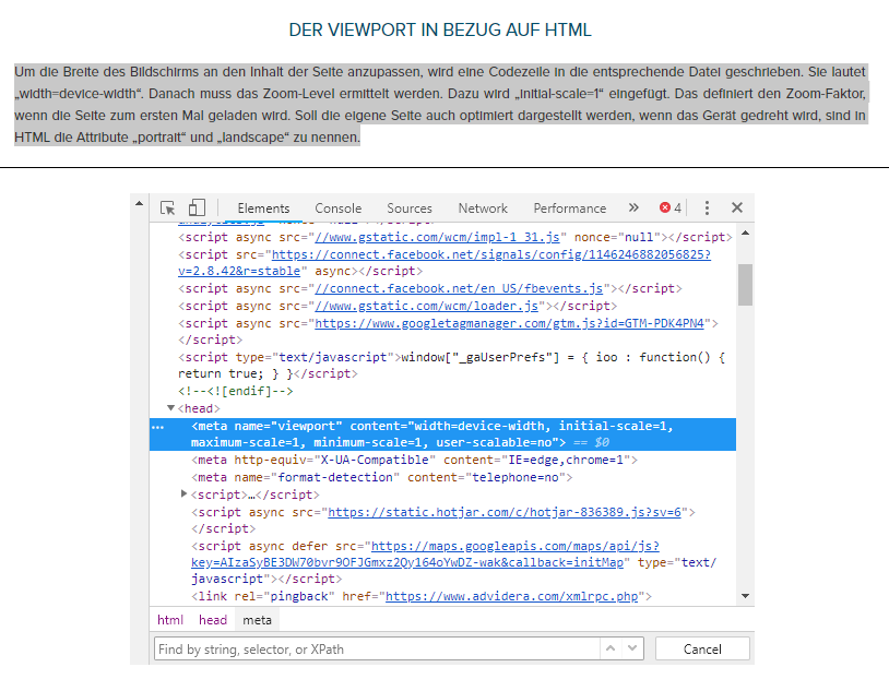HTML-Quelltext des Glossareintrags "Viewport" von ADVIDERA