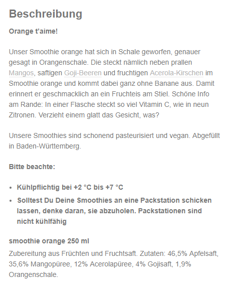 Produktbeschreibung truefruits Smoothie orange 250ml