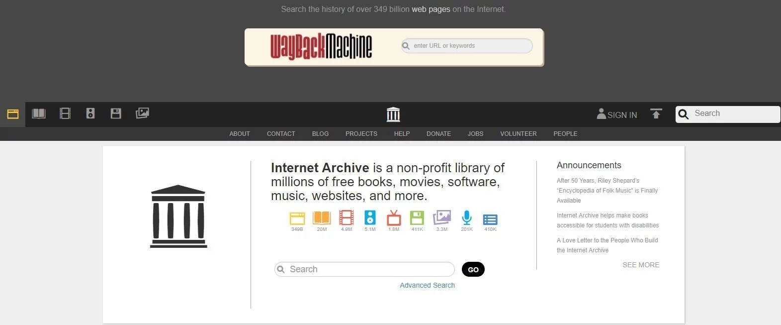 Startseite der Wayback Machine