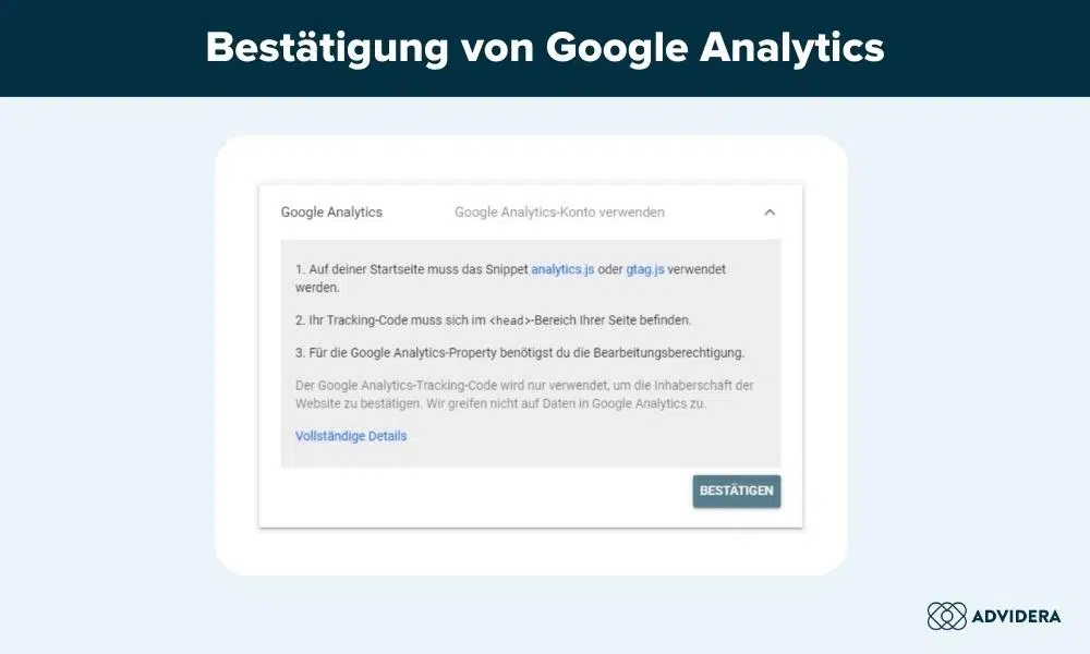 Google Search Console einrichten: Bestätigung Google-Analytics