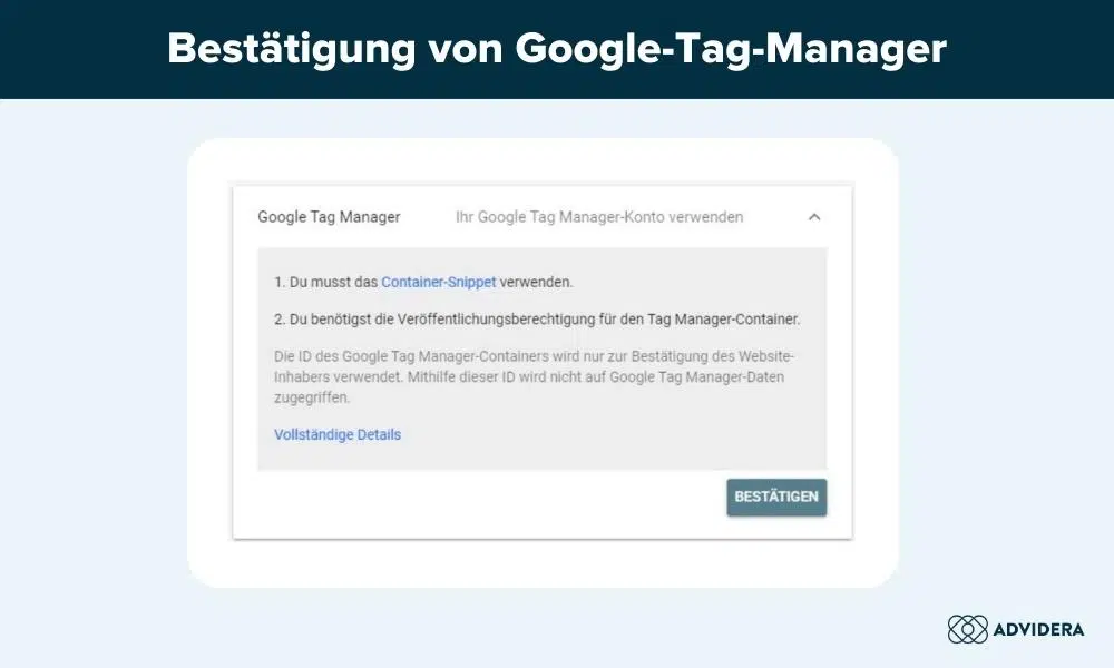Google Search Console einrichten: Bestätigung Google-Tag-Manager
